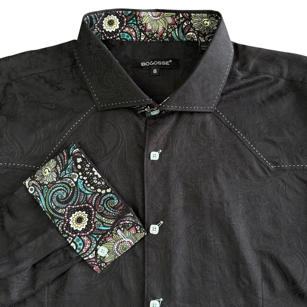 Bogosse Black Paisley Long‎ Sleeve Shirt Mens 3XL Button Up Flip Cuffs Cotton